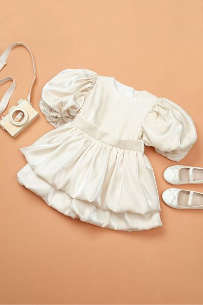 Little Pumpkin Balloon Sleeve Shiny Girl's Wedding Party Dress, Girl's Birthday Dress,