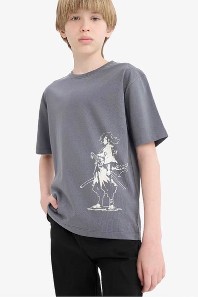 DeFacto Crew Neck Printed Anthracite Men's T-Shirt E0178A8/Ar58