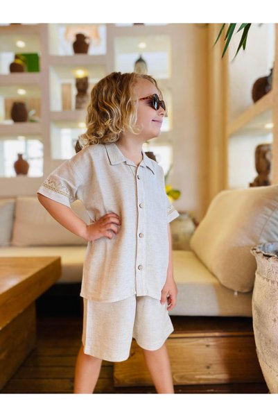 Oliven The Kid Sleeve Embroidered Shirt Shorts Linen Boys' Set