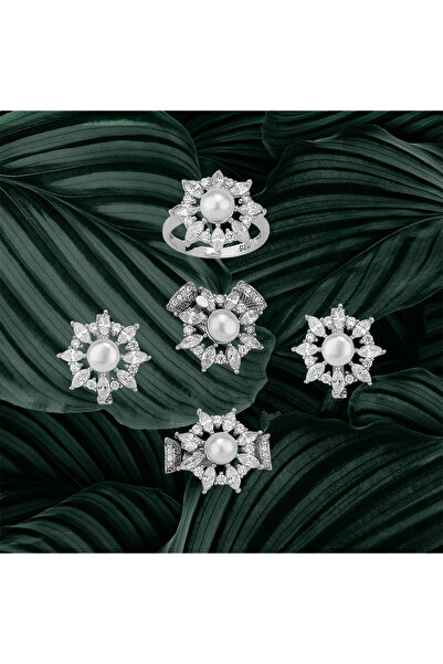 TRİA SİLVER 925 Ayar Gümüş İncili İnci Uçları Taşlı Takı Seti | Kolye Ucu, Bileklik Ucu, Yüzük ve Küpe