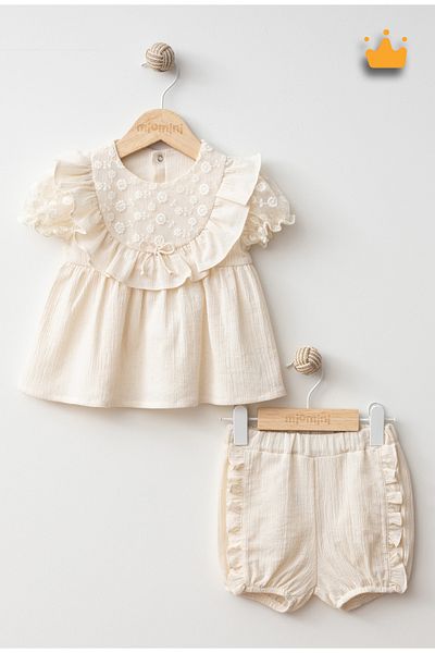 Mymio 0-24 Months 100% Cotton Baby Girl Kids Lace Ruffle Collar Vintage Summer Eid Shorts Suit 4254