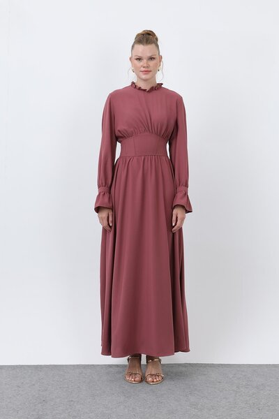 Puane Kadın Beli Korsajlı Yakasıl Detaylı Elbise -12614ELB - ROSE