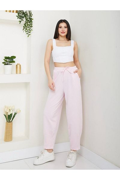 soBasic Muslin Fabric Soft Textured Striped Jogger Shalwar Track Pants