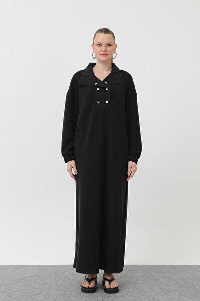 Puane Kadın Çıtçıt Detaylı Elbise - 12593ELB - BLACK