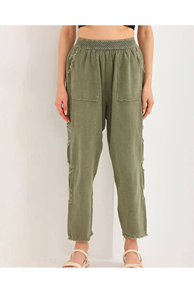 Namaste Vintage Bel kısmı lastikli yamalı model keten şalvar tip pantolon