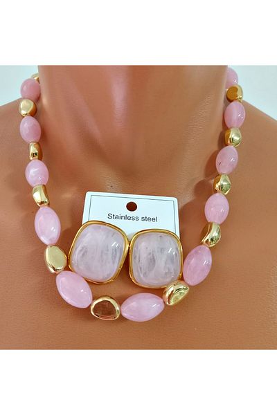 mos&more Pink Beaded Women's Necklace Earring Set