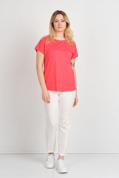 Sistas Women's Embroidery Detailed Low Sleeve Crew Neck Blouse 24275 Coral