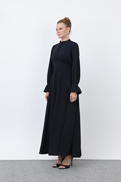 Puane Γυναικείο φόρεμα με κορσάζ στη μέση και λεπτομέρεια στο λαιμό -12614ELB - Σκούρο μπλε