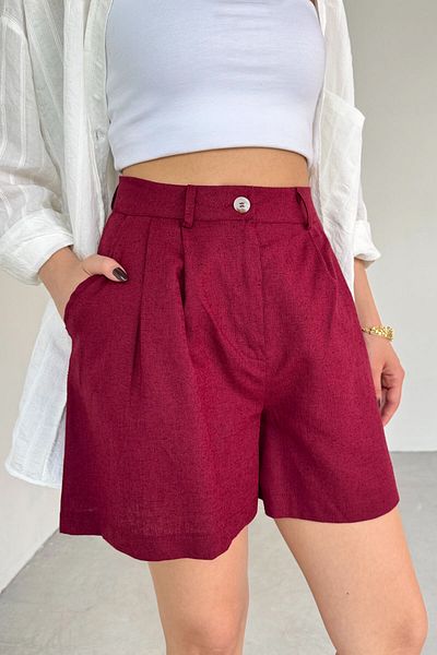 Cappmoda Şrt-16028 Burgundy Pocket High Waist Short Linen Shorts