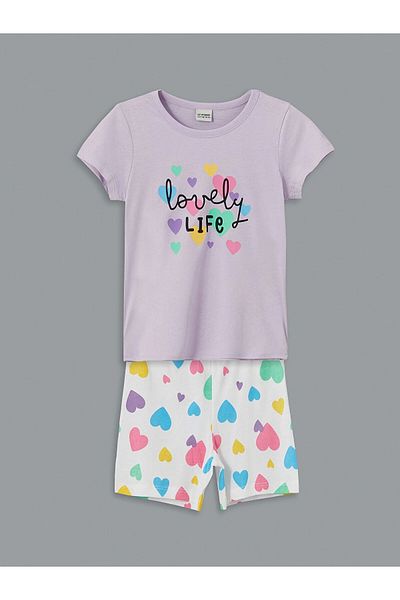 LC Waikiki Lcw Kids Lilac Crew Neck Printed Short Sleeve Girls' Pajamas Set with Shorts