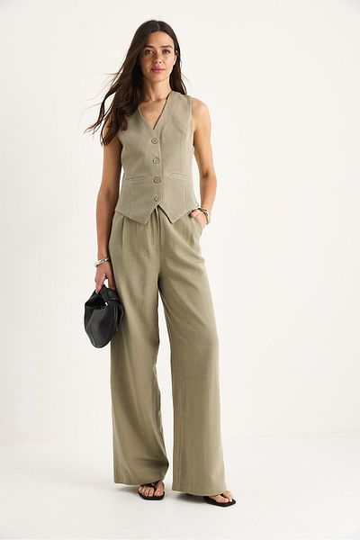 Bianco Lucci Women Linen Vest High Waist Pants Suit Bottom-Top 9257 60281047