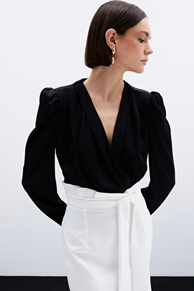 Sateen Black Satin Double Breasted Bodysuit Blouse