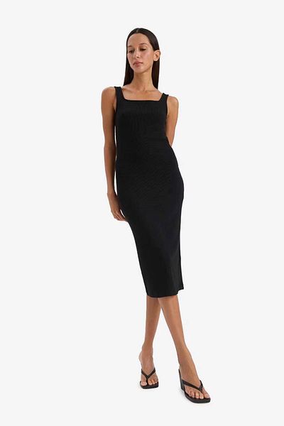 DeFacto Bodycon Bodycon Τετράγωνος γιακάς Basic Solid Twill Camisole Strap Midi Μαύρο καλοκαιρινό φόρεμα Z7577az25s