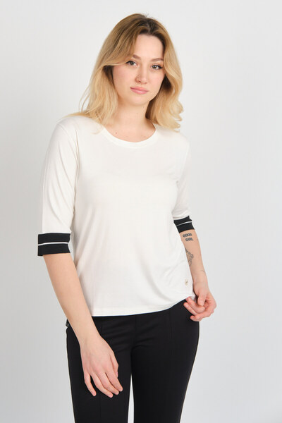 Sistas Women's Three Quarter Sleeve Short Front Long Back Double Color Fabric Blouse 24031 Ecru