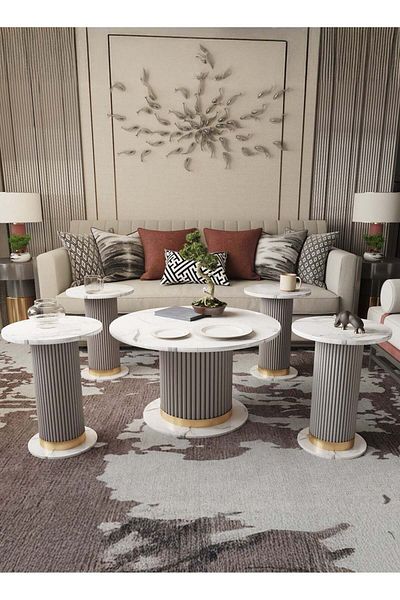 GENERAL Luxury Coffee Table Set - 5 Pieces with Gray Design, White Marble Surface and Golden Touches