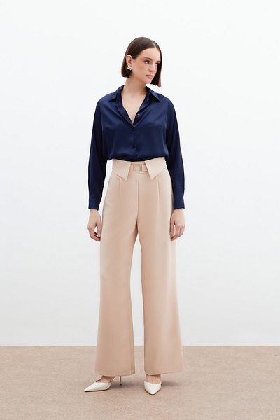 Sateen Wide Leg Trousers with Waist Detail - Beige