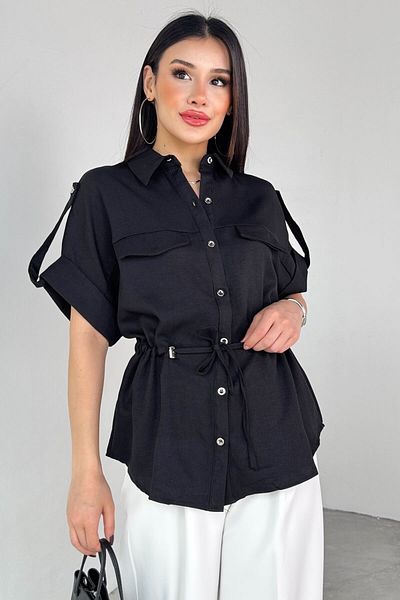 Cappmoda Gml-10263 Black Waist Tie Sleeve Button Detail Short Sleeve Shirt