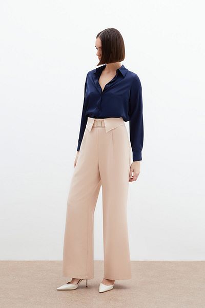 Sateen Wide Leg Trousers with Waist Detail - Beige