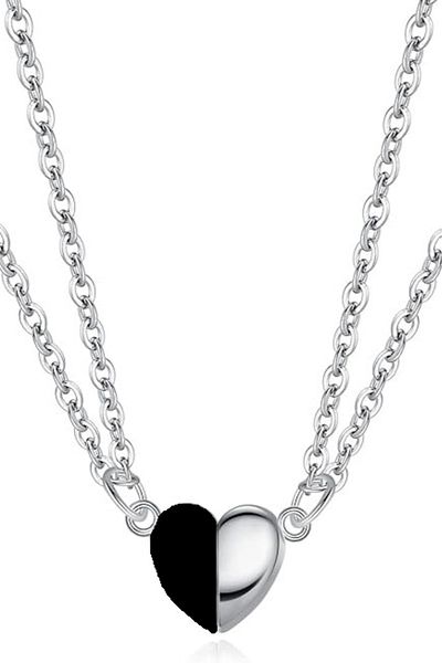 Takı Dükkanı Magnetic Double Heart Men's Lover Necklace Black and White Bbk28