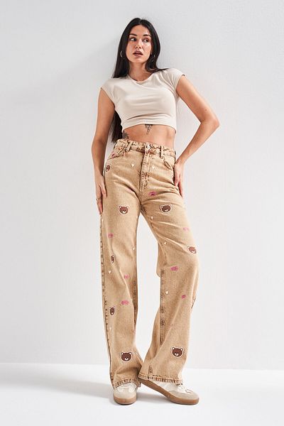 its basic Women's Brown 3S5-76 Teddy Bear Embroidered Straight Fit High Waist Inner Size 80cm Design Denim Jean