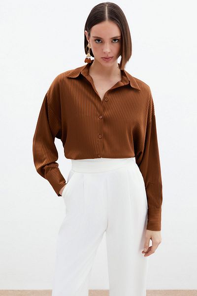 Sateen قميص منقوش بخط ذاتي - بني