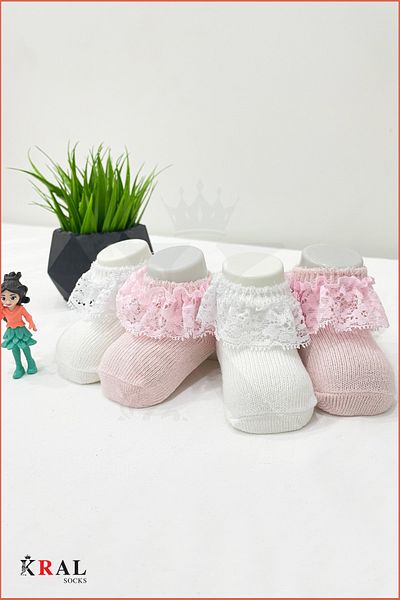 KRAL SOCKS Newborn 2-Piece Lace Cotton Baby Girl Socks