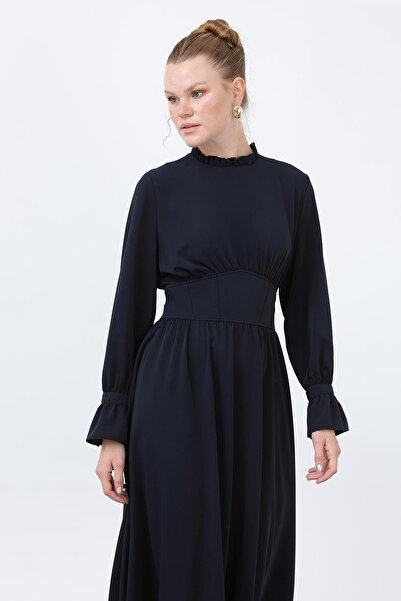 Puane Γυναικείο φόρεμα με κορσάζ στη μέση και λεπτομέρεια στο λαιμό -12614ELB - Σκούρο μπλε