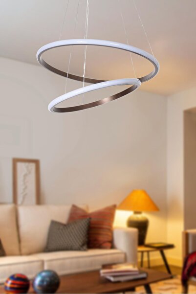 Modavize Sonya Modern Tasarım Yatak Odası - Salon - Mutfak Kahverengi Renk Beyaz Ledli 2 Li Led Avize