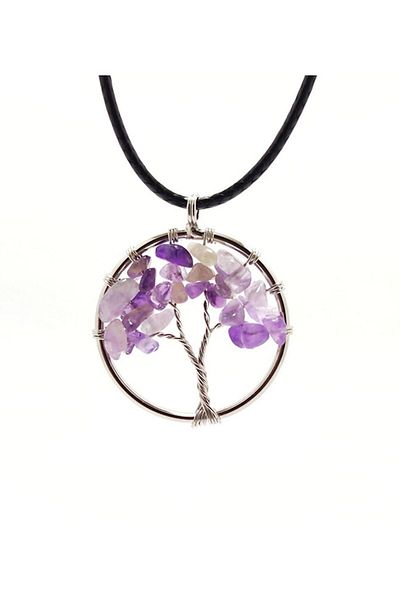 Takı Dükkanı 7 Chakra Tree of Life Natural Stone Necklace with Rope Chain Bbk40