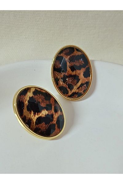 mos&more Gold Leopard 2cm Oval Stylish Elegant Women's Earrings