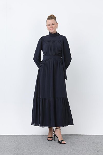 Puane Γυναικείο φόρεμα με λεπτομέρεια με ψηλό γιακά - 12613ELB - Μπλε ναυτικό