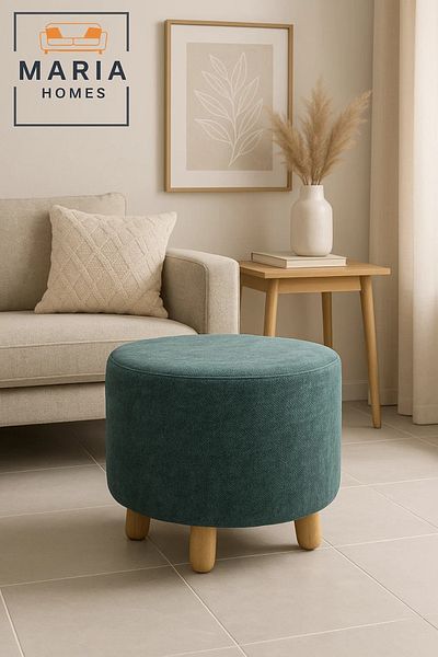 MARIA HOMES Round Green Velvet Ottoman Stool – with Wooden Legs for Living Room & Bedroom