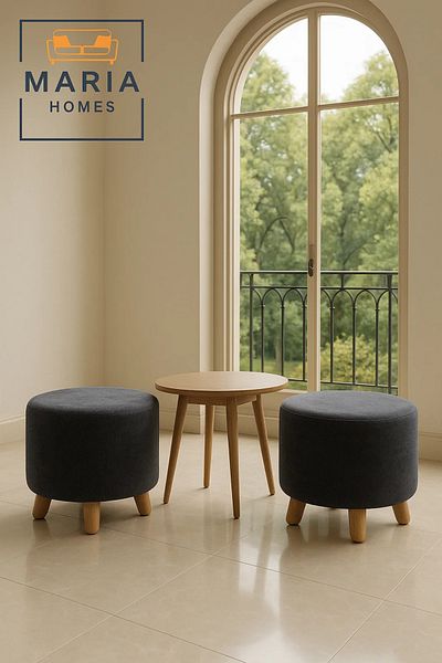 MARIA HOMES Round Dark Gray Velvet Ottoman Stool – Modern Footrest with Wooden Legs for Living Room & Bedroom