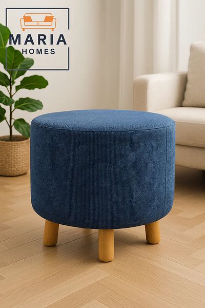 MARIA HOMES Round Blue Velvet Ottoman Stool – Modern Wooden Legs for Living Room or Bedroom