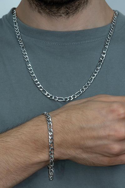 Takı Dükkanı Figaro Men's Steel Necklace and Bracelet Chain Set Ack06t