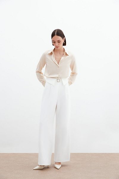 Sateen Pantaloni largi cu talie detaliată - Ecru