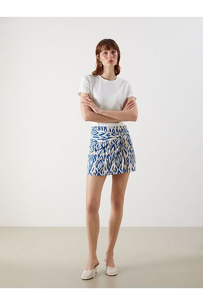 LC Waikiki Patterned Linen Blend Shorts Skirt with Zipper at Waist