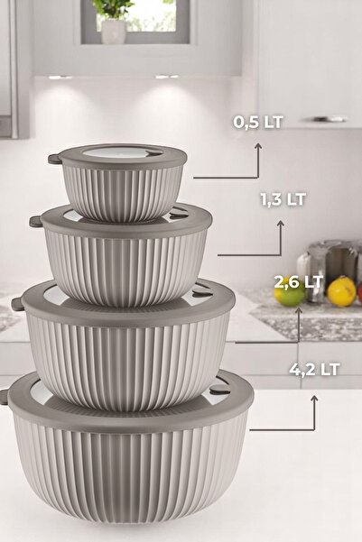 Sevinse Home Dora Set of 4 Vacuum Sealed Storage Containers with Lids, Microwave and Freeze Suitable Beige Vacuum Bowl