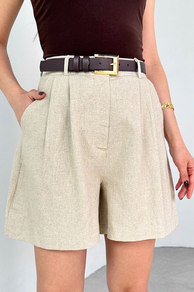 Cappmoda Şrt-16028 Stone Color Pocket High Waist Short Linen Shorts