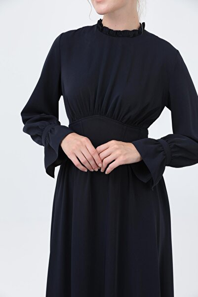 Puane Γυναικείο φόρεμα με κορσάζ στη μέση και λεπτομέρεια στο λαιμό -12614ELB - Σκούρο μπλε