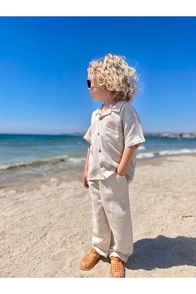 Oliven The Kid Pocket Embroidered Shirt Pants Linen Boy's Set