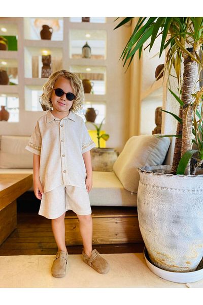 Oliven The Kid Sleeve Embroidered Shirt Shorts Linen Boys' Set