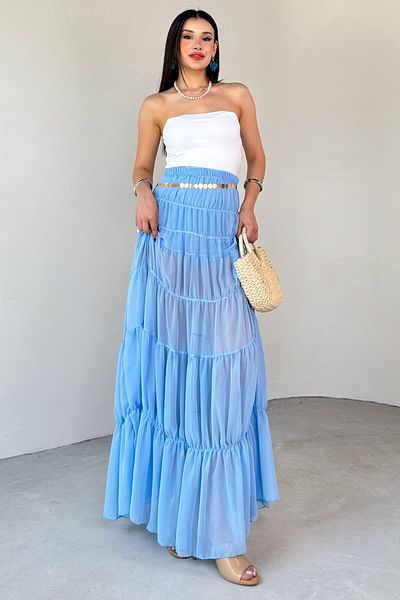 Cappmoda ETK-02338 Fusta lungă căptușită cu etaje din șifon albastru