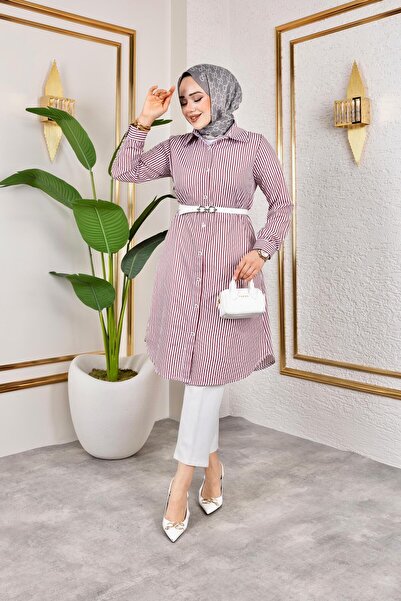 HARMAN BUTİK Cămașă de in cu dungi cu curea