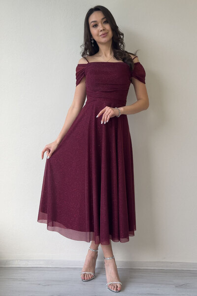 zks grup tekstil Women Midi Length Flared Strap Off Shoulder Evening Dress Navy Blue, Burgundy, White, Purple, Black, Lilac