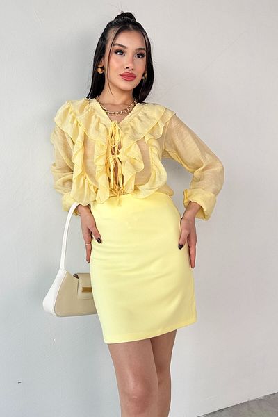 Cappmoda ETK-02337 Fusta mini de bază căptușită cu fermoar lateral galben