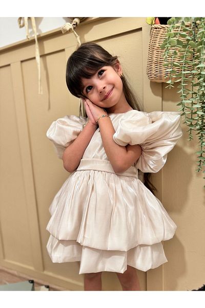 Little Pumpkin Balloon Sleeve Shiny Girl's Wedding Party Dress, Girl's Birthday Dress,