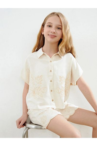 LC Waikiki Lcw Kids Ecru Floral Linen Blended Girl's Shirt