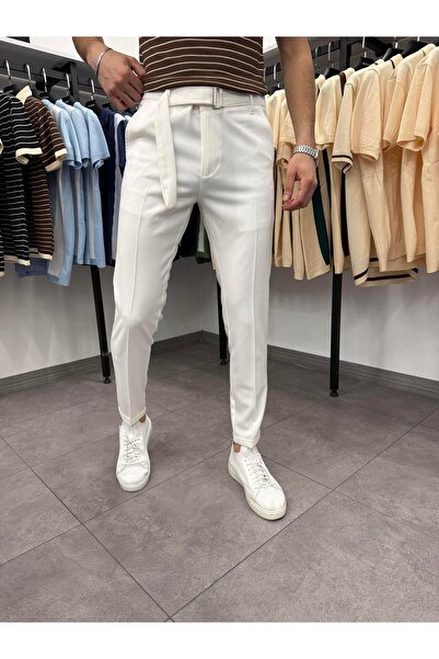 Butik Kemer Detaylı Duble Paça Kumaş Pantolon Beyaz
