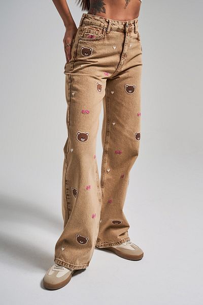 its basic Women's Brown 3S5-76 Teddy Bear Embroidered Straight Fit High Waist Inner Size 80cm Design Denim Jean